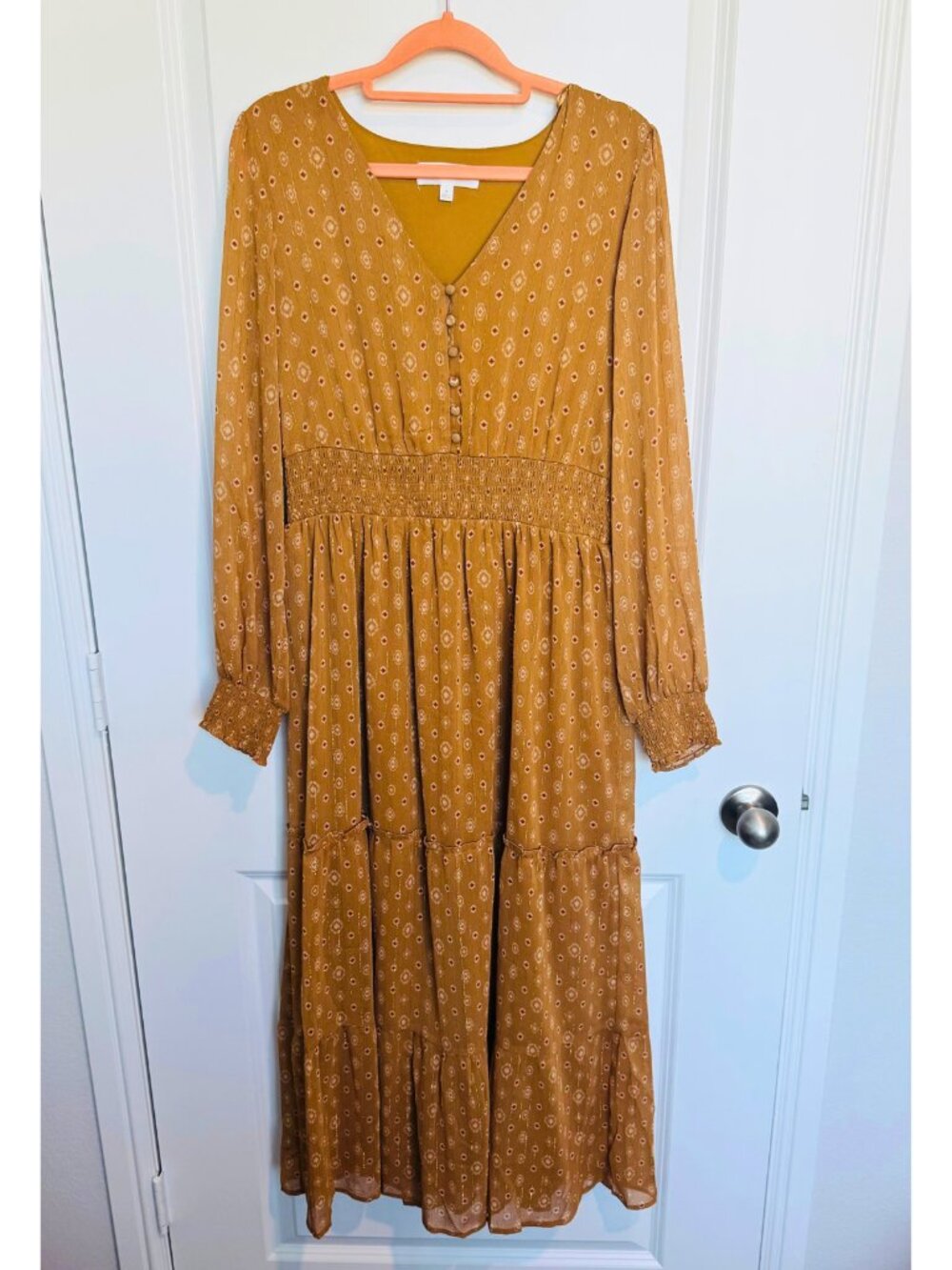 Lucky Brand Mustard Geometric Print Tiered Maxi Dress Size M